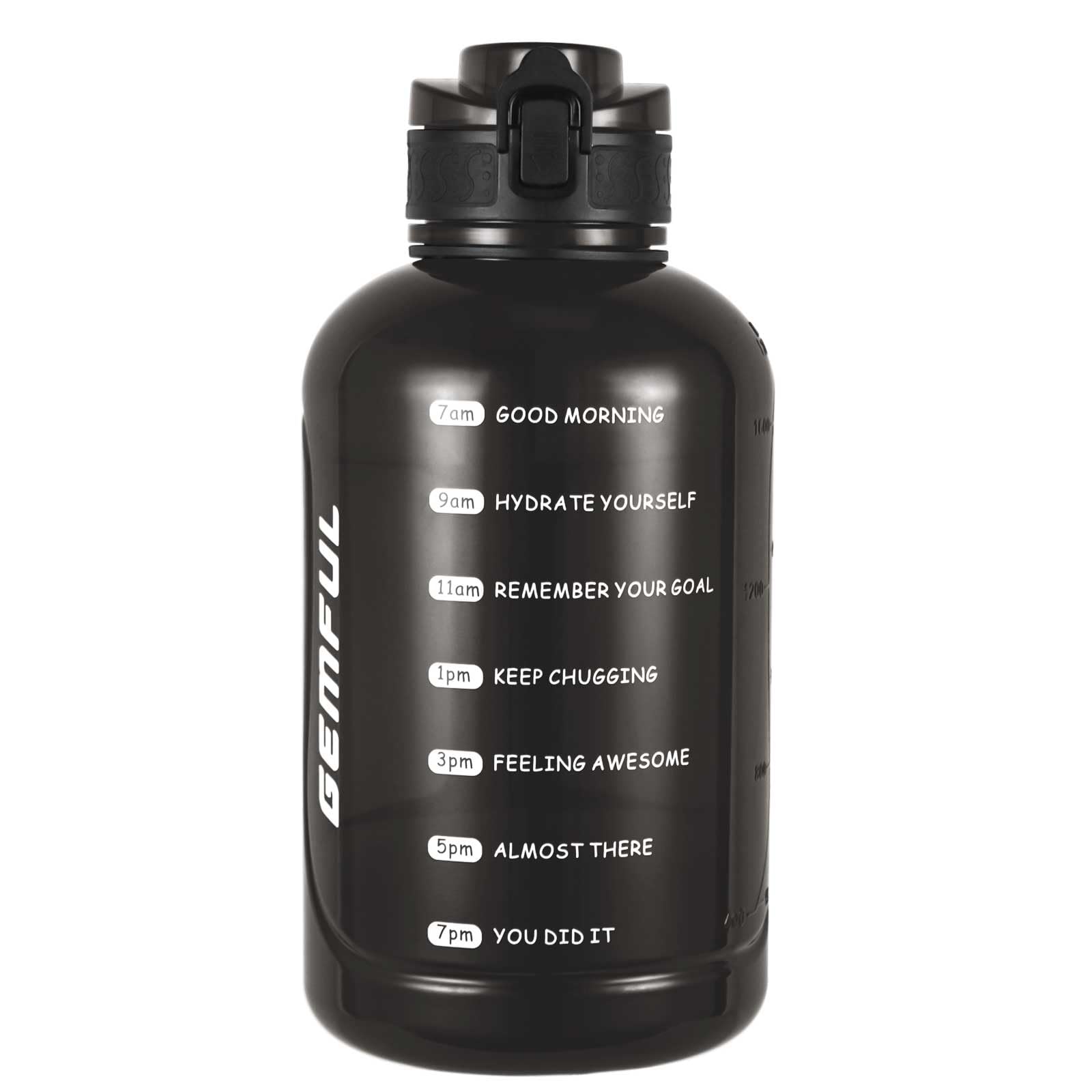GEMFUL Water Bottle 2L with Time Marker & Handle 64oz Large Motivational Jug for Gym Workouts No Straw Leak Proof BPA Free (Black) 2L Black No Straw