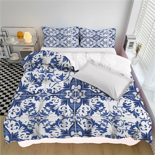 Housse de couette loup 3D 220x240 cm parure lit bleu fleurs