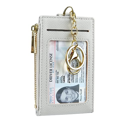 Cynure Women Leather RFID Blocking Card Holder Slim Small Zipper Keychain Front Pocket Wallet with 2 ID Window, grey