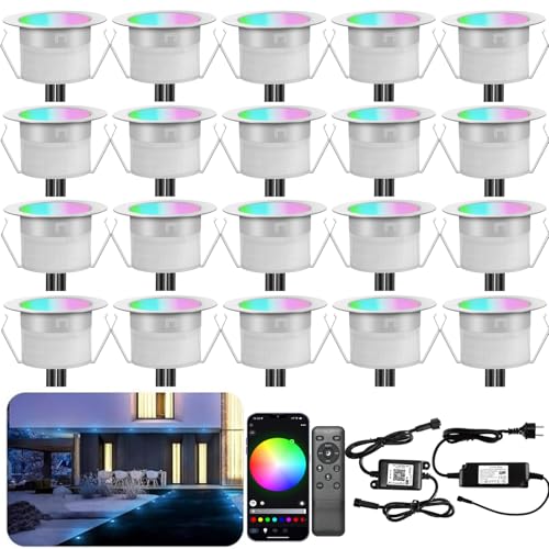 INDARUN WiFi Lampe au Sol Spot Encastrable RGBW étanche IP67 Ø45mm - éclairage pour terrasse, patio, chemin, mur, jardin, décoration, intérieur et extérieur (lot de 20)