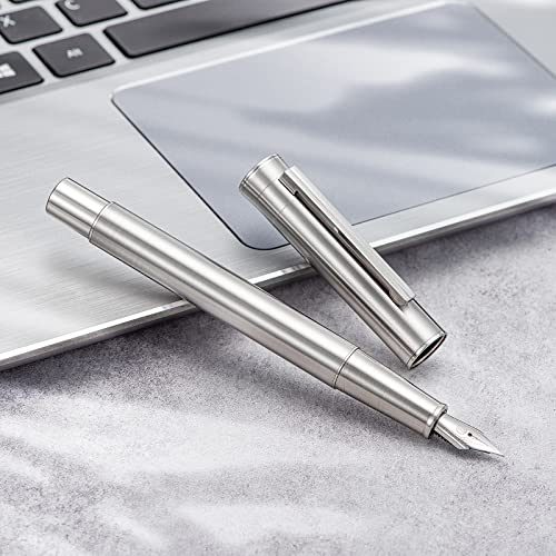 Image of Hongdian 1861 Stainless Steel Fountain Pen Fine Nib, Classic Design Smooth Writing Pen with Converter and Metal Pen Case Set