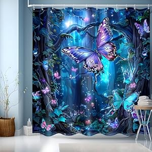 JINGYOU Niebieska Zasłona Prysznicowa Motyle 200cm