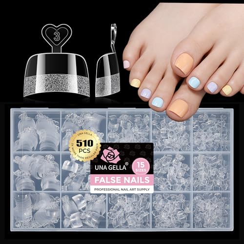 UNA GELLA Toe Nail Tips Half-Cover Squavol 510 Pcs 15 Sizes Pre-filed Squavol Toe Tips Acrylic Nails Square Oval Nail Forms for Wide Toe Nail Extension Flexible False Toe Nails for Home DIY Salon