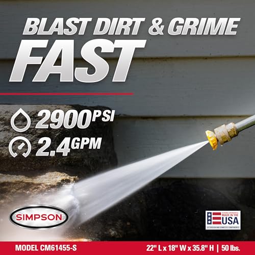 Image of Simpson Clean Machine 2900 PSI Gas Pressure Washer, 2.4 GPM, 25-ft Hose | Gas Power Washer For Homeowners. Axial Cam Pump, 25' Hose, Siphon Hose, 5 Nozzles. 49-State Compliant. CM61455