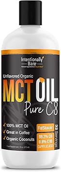 Intentionally Bare Pure C8 MCT Oil Organic - Brain Octane C8 MCT Oil for Clean Energy, Keto Paleo and Vegan Diet - Unflavored Brain Octane for Coffee, Shakes and Salads - Coconut MTC 16oz