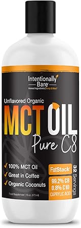 Intentionally Bare Pure C8 MCT Oil Organic - Brain Octane C8 MCT Oil for Clean Energy, Keto Paleo and Vegan Diet - Unflavored Brain Octane for Coffee, Shakes and Salads - Coconut MTC 16oz