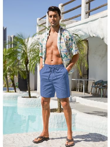 Image of RQP Mens Cotton Linen Shorts Casual Drawstring 7inch Inseam Shorts Stretch Summer Beach Wear