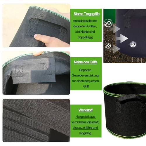 NUWIQ Pflanzsack, 5 Pack 4L Gemüse Grow Taschen, Pflanzsack aus Vliesstoff, Garten Pflanze Grow Taschen, Pflanzen Wachstum Taschen mit Starken Griffen, für Tomaten, Blumen, Pflanzen und mehr