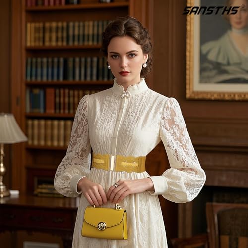 SANSTHS Vintage Stretchy Belt for Women, Womens Wide Elastic Belts for Dresses Coats, Fashion Womens Belts with Gold Buckle