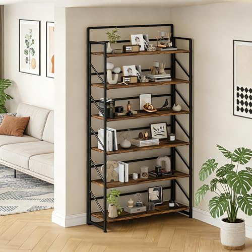 Image of JSB Folding Bookshelf,Industrial Storage Shelves, No Assembly Vintage Wood Look Bookshelf with Storage Shelves for Living Room, Bedroom, Office (Fire Brown, Wide 6-Tier)