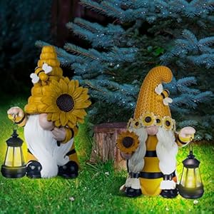 Suzile 2 pack outdoor garden bee gnome decor with solar lights summer sunflower gnomes statue outside figurine for courtyard lawn patio porch decoration housewarming gift  urban country home decor