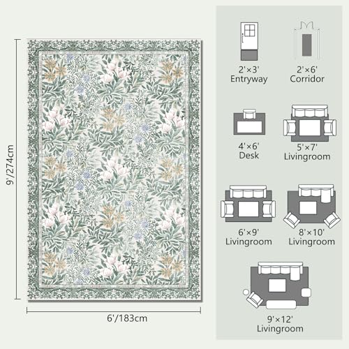 Image of Botanical Floral Area Rug 6x9 Light Green Cream Vintage Garden Design, Perfect for Living Room, Bedroom, Kids Room, Nursery - Stain & Water Resistant Non-Slip, Pet & Child Friendly Area Rugs