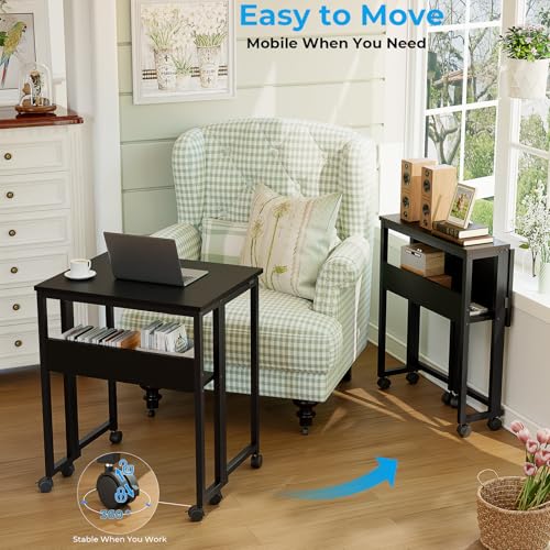 Image of GreenForest Folding Desk with Wheels, 24.8 Inch Compact Rolling Computer Table with Storage Shelf, Portable Mobile Workstation for Small Spaces, Easy Assembly, Black
