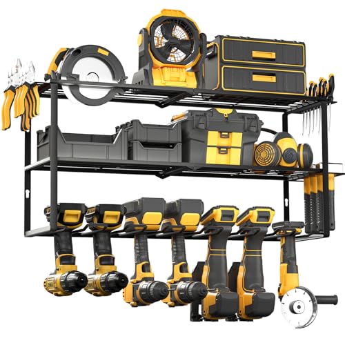 Longtor Tool Organizer Wall Mount, Power Tool Organizer with 7 Drill Holder, Tool Storage Bears 35lbs, Top Tool Shelf with Screwdriver Holes, 3-Tier Tool Holder for Garage Organization and Workshop