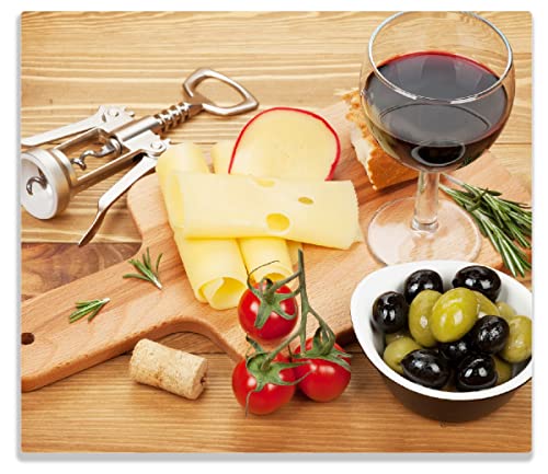 Wallario Herdabdeckplatte/Spritzschutz aus Glas, 1-teilig, 60x52cm, für Ceran- und Induktionsherde, Genuss am Abend - Rotwein, Käseplatte, Oliven und Tomaten Cover
