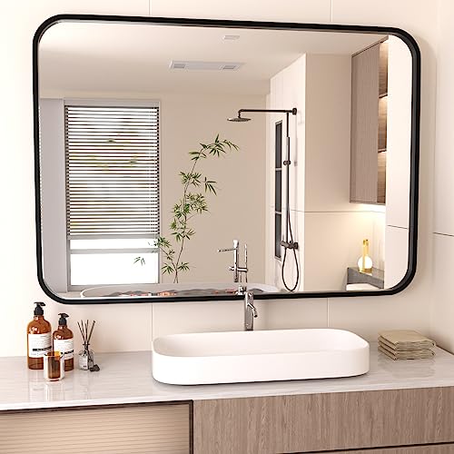 VooBang 20 x 28 inch Bathroom Mirror, Black Frame Mirror for Wall, Modern Round Corner Wall Mirror for Bedroom, Living Room, Horizontal or Vertical VooBang 20 x 28 inch Bathroom Mirror, Black Frame Mirror for Wall, Modern Round Corner Wall Mirror for Bedroom, Living Room, Horizontal or Vertical