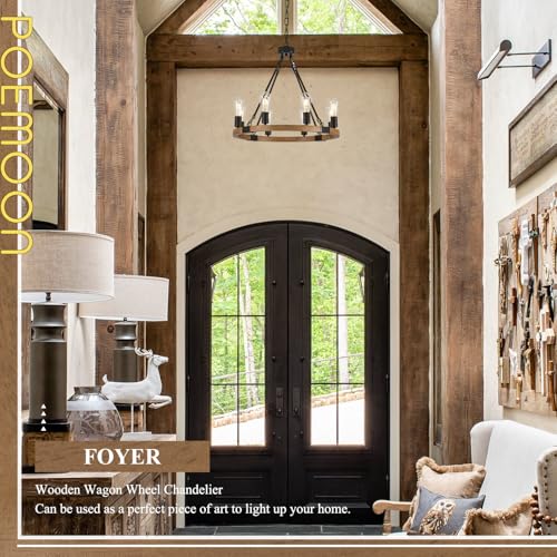 Image of Oak Wooden Wagon Wheel Chandelier 8-Light 23.6 inch Light Fixture