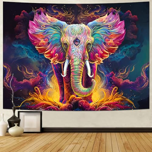 Heynvioo Tapisserie murale à motif éléphant psychédélique - Aquarelle psychédélique - Esthétique - Nuage coloré - Tapisserie de méditation...