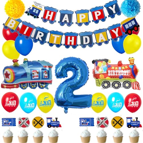 Décorations de fête avec ballons ferroviaires, guirlande, bannière d'anniversaire de train, ballons de train, décorations de cupcake (numéro 2ème...