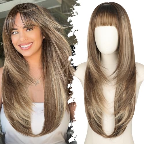 Eawwii Long Ombre Light Brown With Blonde Wig with Bangs for Women,4x4...
