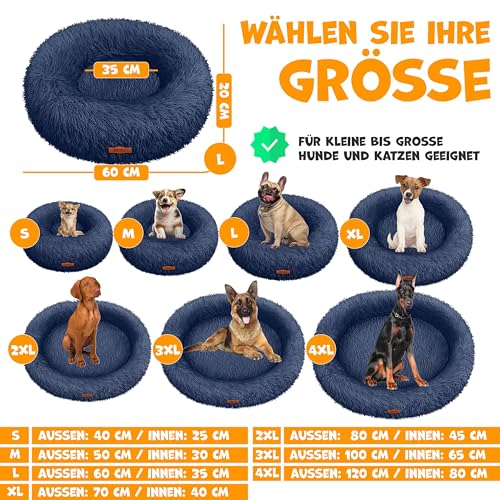Lovpet® Hundebett Hundekissen Katzenbett Bagel, Waschbar, Inkl. Napf + 3X Kauknochen, Hundesofa flauschig Kissen Rund aus Plüsch für Kleine, Mittelgroße & Große Hunde, Katzen [3XL, Ø 100cm Navyblau]