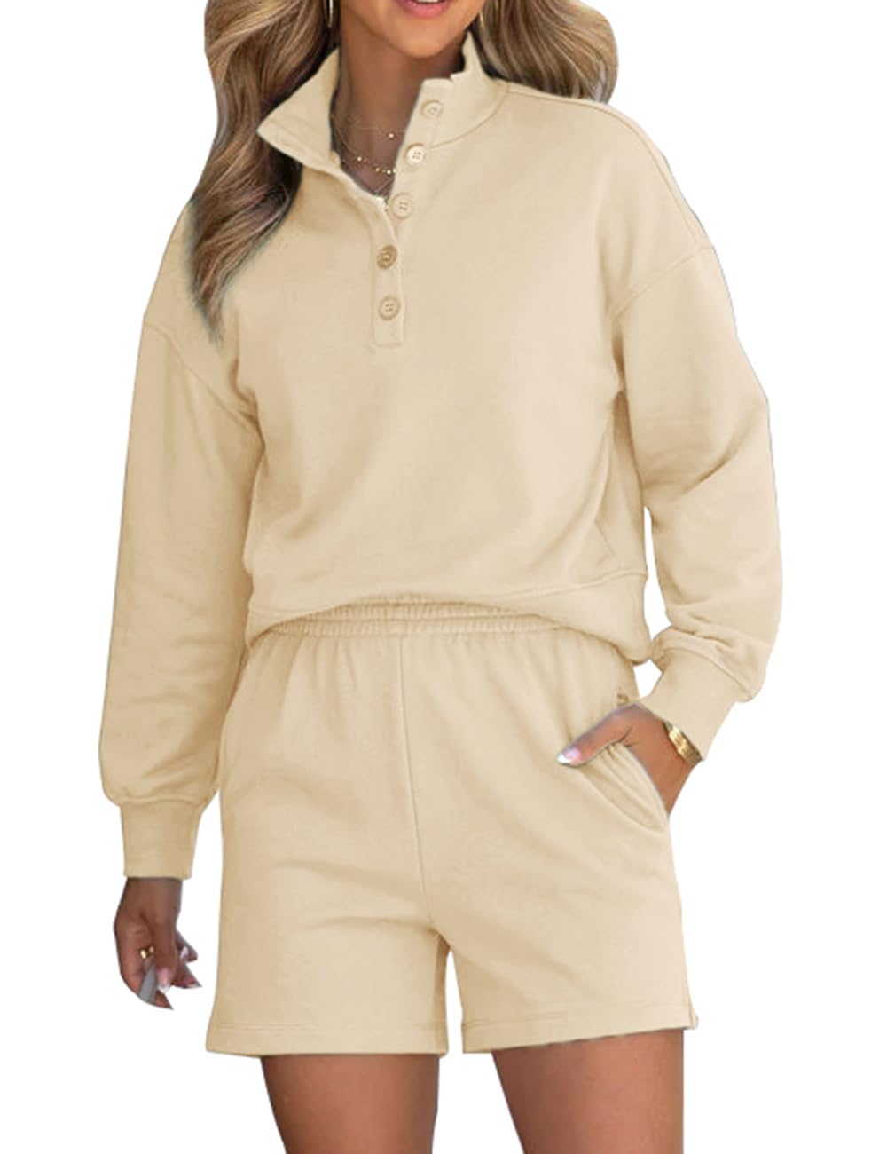 FUPHINE Women 2 Piece Outfits Sweatsuit Long Sleeve Button Down Pullover and Shorts Set with Pockets Small B-apricot