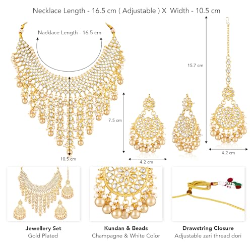 Image of Peora Kundan & Beads Studded Necklace Earrings & Maangtikka Set Ethnic Jewellery for Women & Girls