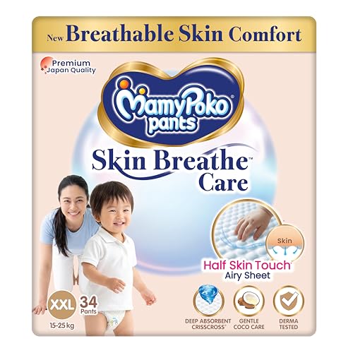 Image of MamyPoko Pants Skin Breathe Care | Baby Diapers XXL Size (XXL) | 34 Count | 15-25Kgs | Half Skin Touch Airy Sheet | 3X Breathable | Derma Tested