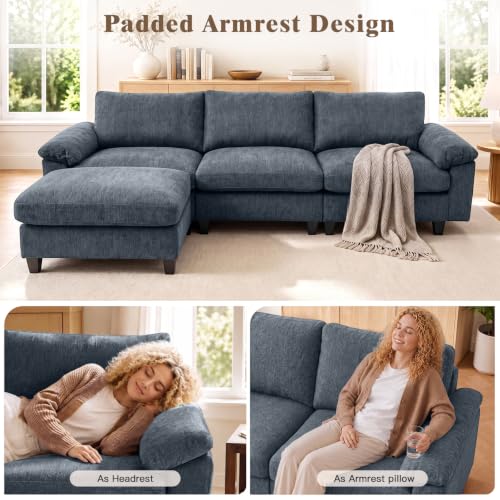 Image of Sectional Couches for Living Room, 109 inch L Shaped Cloud Sofa & Couch | Upholstered Armres, 22 inch Seat Depth, Movable Ottoman, Comfy Chenille, Easy Assembly, Blue