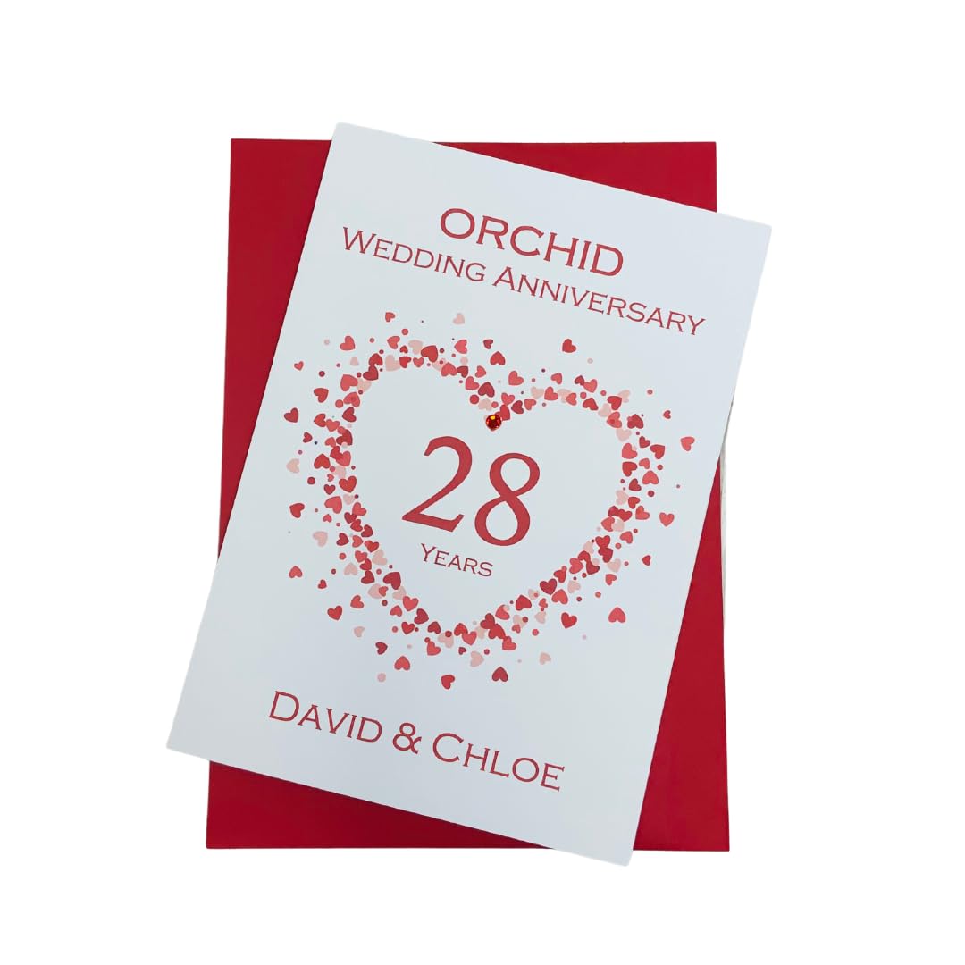 28th Wedding Anniversary Card - Orchid 28 Year Twenty Eighth Anniversary Greeting Card, Personalised Gift for Wife, Husband, Parents, Couple Friends - (Love Heart)