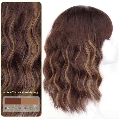 Image of AISI HAIR Curly Bob Wig with Bangs Short Wavy Chestnut Mixed Dark Brown Color Wigs for Women Bob Style Synthetic Heat Resistant Bob Wigs