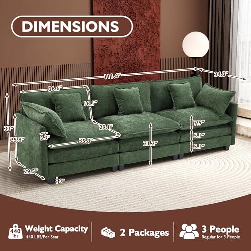 Image of Ihanherry 111.4 Inch 3-Seater Cloud Sofa, Modular Sectional Couch, Modern Deep Seat Sofa for Living Room, Comfy Double Layer Upholstered Seat Cushion, Breathable Chenille Fabric, Green