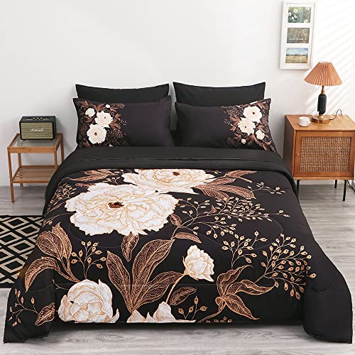 Jeyfull Black Gold Floral Comforter Set 7 Piece Bed In A Bag Queen Size Flowers Leaves Bedding Set With Sheets Soft Microfiber All Season #TOP5