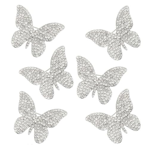 6 PCS Butterfly Brooch Alloy Rhinestone Butterfly Brooches and Pins for Women Classic Silvery Insect Pin Elegant Lapel Pin for Wedding Birthday Sparkly Crystal Bug Suit Jewelry Gifts (Sliver)