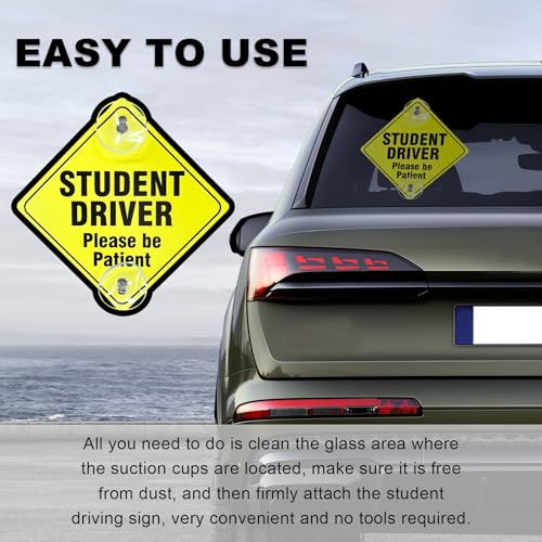 Image of Wevdn 2 PCS Student Driver Sign for Car Window, 5 inchx5 inch Please Be Patient New Driver Sticker with Suction Cups, Car Accessories (Black)