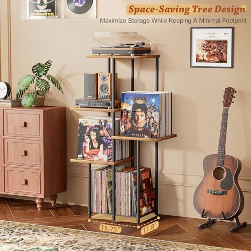 Image of Record Player Stand, Vinyl Record Storage Holder with Display Shelf, Turntable Stand Table with Vinyl Organizer Dividers Album Rack, Vintage Style Record Cabinet Wood, Mid Century Modern Tall Console