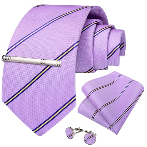 Image of DiBanGu Mens Tie Silk Plaid Striped Necktie and Pocket Square Cufflinks Tie Clip Set with Gift Box Formal Wedding Party
