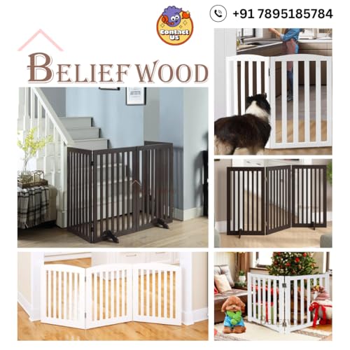 Image of Foldable Wooden Dog Gate | Expandable Pet Barrier for Doorways, Stairs & Hallways | Free Standing Decorative Dog Fence for Small & Medium Pets - 3 Panel
