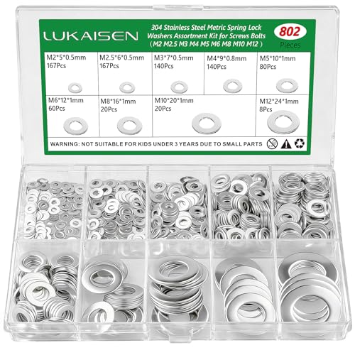 Lot de 802 rondelles plates en acier inoxydable avec une boîte d'assortiment, 9 tailles différentes M2 M2,5 M3 M4 M5 M6 M8 M10 M12