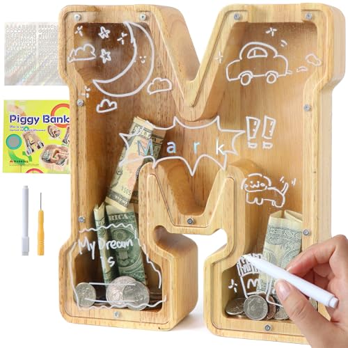 weallbuy Large A-Z Wooden Letter Piggy Bank for Kids Boys Girls
