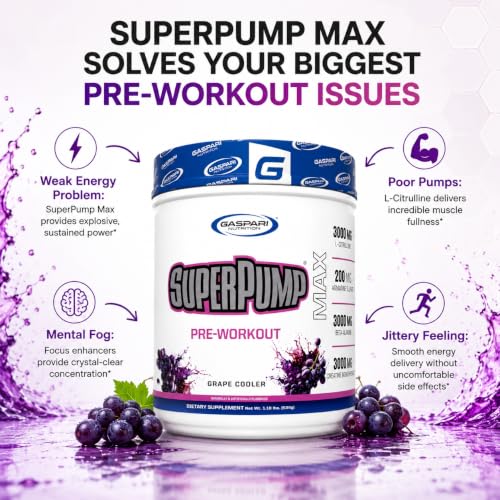 Image of Gaspari Nutrition SuperPump MAX, The Ultimate Pre Workout Powder, Sustained Energy Preworkout, Nitric Oxide Booster, Muscle Growth, Recovery & Replenishes Electrolytes (30 Servings, Grape Cooler)
