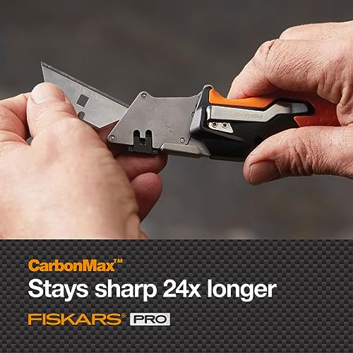 Image of Fiskars Pro Retractable Folding Utility Knife, Box Cutter with Long-Lasting CarbonMax Razor Blade and Dual Lock Safety, Orange /Black