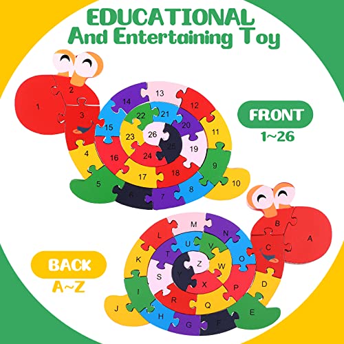 Image of Yunsailing 4 Pcs Wooden Animal Puzzles for Kids, Double Sided Snake Jigsaw with Alphabet & Numbers for Preschool Toddler Learning Educational Activities(Snake, Dinosaur, Elephant, Snail)