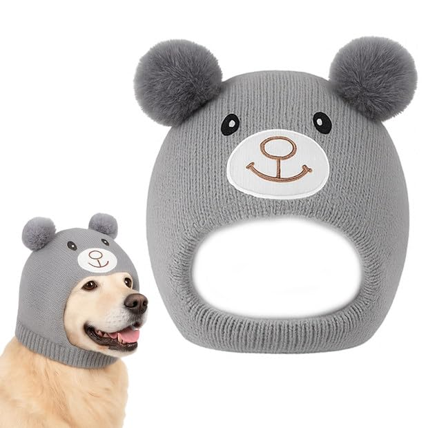 KIRZAX Hundemütze Winter Strick, Flauschig Warme mit Pompom, Winddicht Haustierkopfdecke, für Kleine/Mittlere Hunde/Katzen, Geschenk für Wandern/Camping