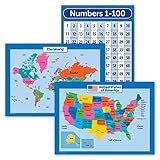 3 Pack - USA & World Map for Kids + Numbers 1-100 Poster Set (LAMINATED, 18' x 24')