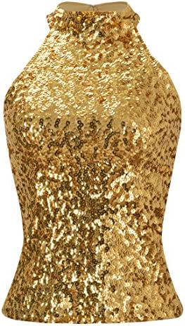 Howriis Women's Gold Sequins Halterneck Summer Short Vest Tank Tops (One Size, Gold)