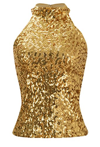 Howriis Women's Gold Sequins Halterneck Summer Short Vest Tank Tops (One Size, Gold) #TOP30