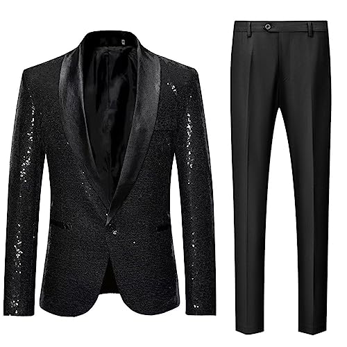 Kromoc Men's Suit Sequins Jacket Black Shawl Lapel & Pants One Button Two-Piece Party Dinner Prom Casual Tuxedos