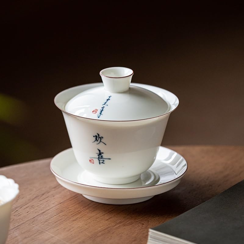 GSOUL Kungfu Tea cup Chinese Tea Cup, White Porcelain Handwritten Lidded Bowl, Ceramic Large Single, Retro Set Small Tea Cups