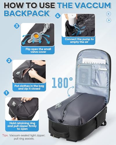 Vacuum Backpack Travel Backpack with vacuum system with Pumpm, Mochila de Viaje Compresion al vacio, Personal Item Carry on Bag, Black3